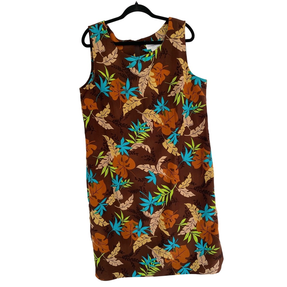 Sag Harbor Tropical Floral Shift Dress Womens 18 Brown Sleeveless Vintage 90s
